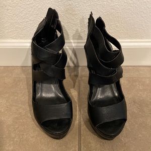 Black wedge sandals straps heels women size 7